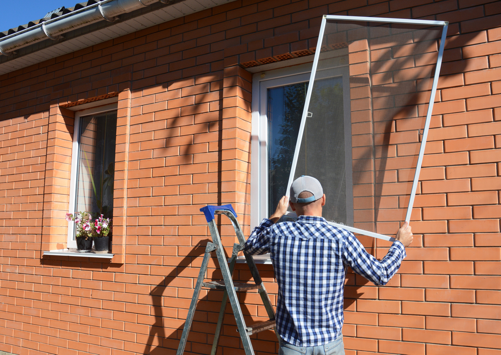 A,Man,On,A,Step,Ladder,Is,Installing,A,Mosquito
